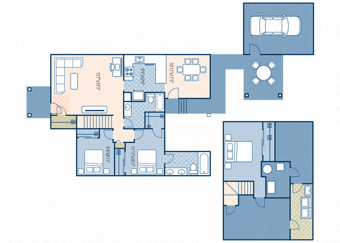 Floor plan for 3 beds, 2 baths, 1442 sqft
